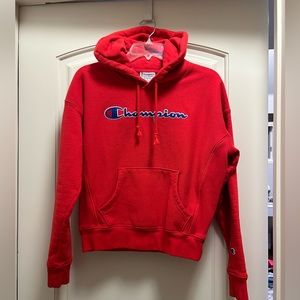Red Champion Hoody with Blue Lettering, size M
